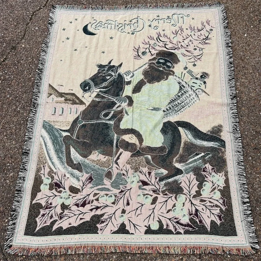 Vintage Santa Claus Merry Christmas Holiday Woven‎ Fringe Tapestry Blanket